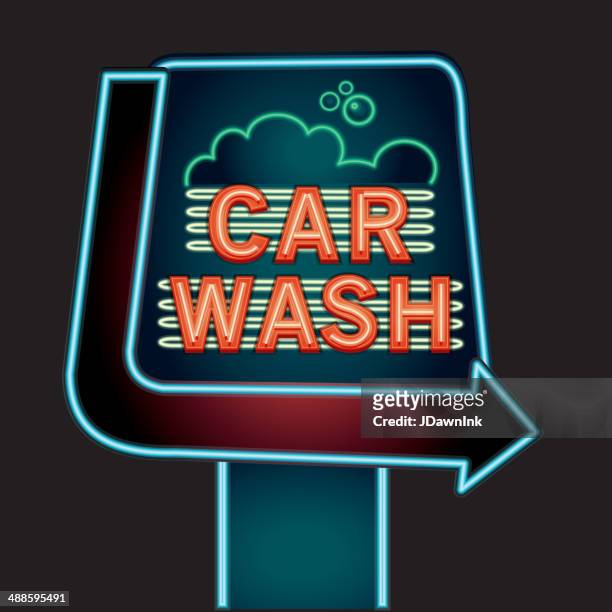 illustrations, cliparts, dessins animés et icônes de lavage de voiture avec des bulles signe néon - station de lavage auto