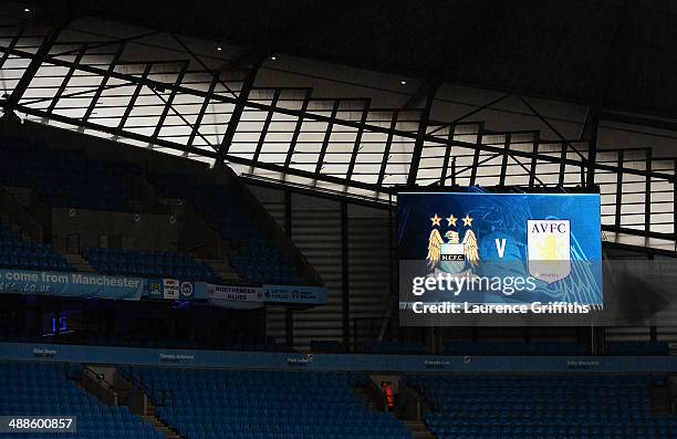 General view of the electronic scoreboard prior to the Barclays Premier League match between Manchester City and Aston Villa at Etihad Stadium on May...