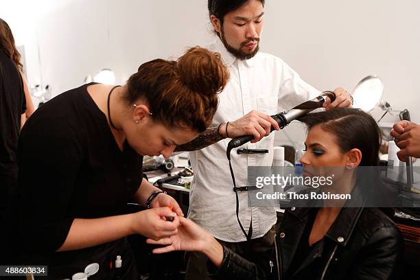 Model prepares backstage with L'Oreal Professionnel hair products at Bibhu Mohapatra Spring 2016 during New York Fashion Week: The Shows at The...
