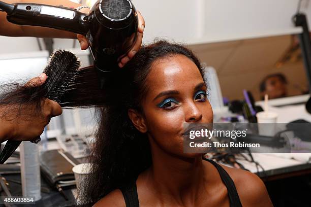 Model prepares backstage with L'Oreal Professionnel hair products at Bibhu Mohapatra Spring 2016 during New York Fashion Week: The Shows at The...