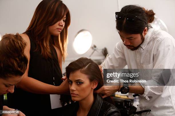 Model prepares backstage with L'Oreal Professionnel hair products at Bibhu Mohapatra Spring 2016 during New York Fashion Week: The Shows at The...