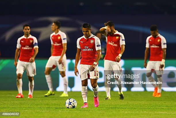 Alexis Sanchez of Arsenal looks dejected after the second Dinamo Zagreb goal during the UEFA Champions League Group F match between Dinamo Zagreb and...