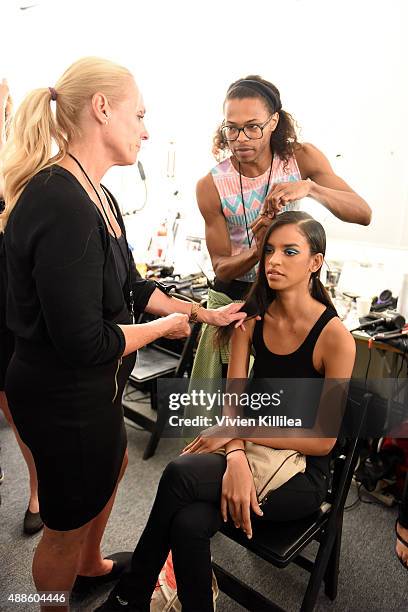 Model prepares backstage at Bibhu Mohapatra Spring 2016 during New York Fashion Week: The Shows at The Gallery, Skylight at Clarkson Sq on September...