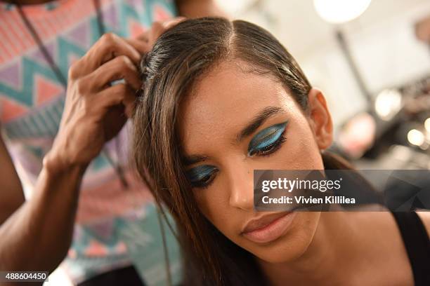 Model prepares backstage at Bibhu Mohapatra Spring 2016 during New York Fashion Week: The Shows at The Gallery, Skylight at Clarkson Sq on September...