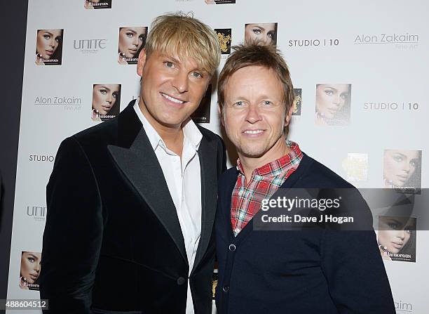 Michael Douglas and Gary Cockerill attend the book launch party for 'Simply Glamorous' By Gary Cockerill at Alon Zakaim on September 16, 2015 in...