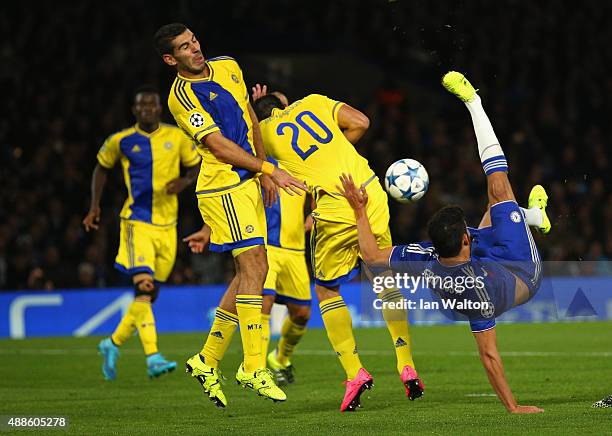 Diego Costa of Chelsea attempts an overhead kick during the UEFA Chanmpions League group G match between Chelsea and Maccabi Tel-Aviv FC at Stamford...