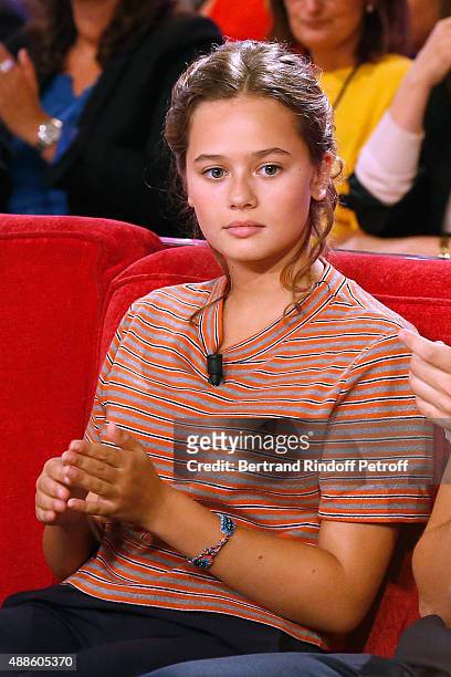 Actress Lucie Fagedet presents the TV Series "Parents mode d'emploi" during the 'Vivement Dimanche' French TV Show at Pavillon Gabriel on September...