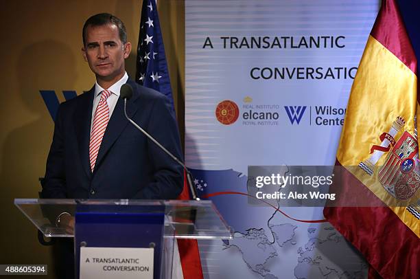 King Felipe VI speaks during a discussion at the Woodrow Wilson Center September 16, 2015 in Washington, DC. The Woodrow Wilson Center held a...