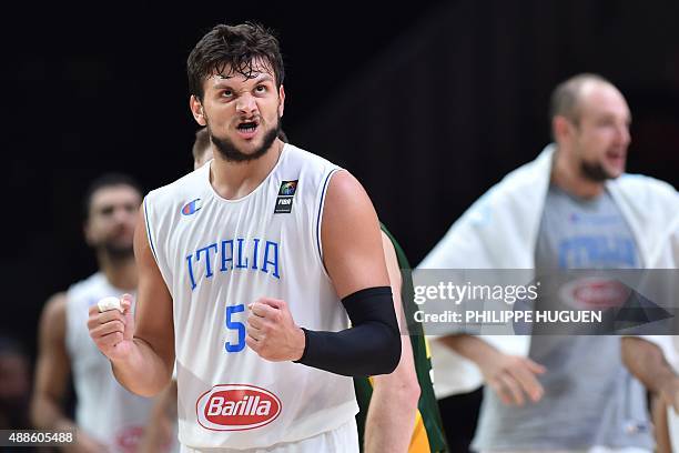 Italy's small forward Alessandro Gentile reacts during the round of 8 basketball match between Italy and Lithuania at the EuroBasket 2015 in Lille,...