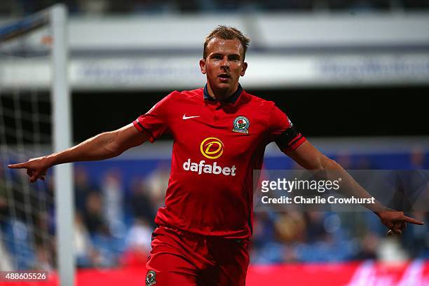 Blackburn's Jordan Rhodes celebrates after scoring his team's second goal of the game during the Sky Bet Championship match between Queens Park...