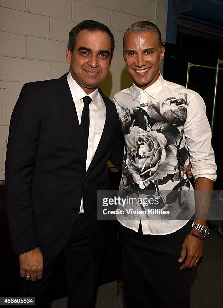 Designer Bibhu Mohapatra and Jay Manuel pose backstage at his Spring 2016 show during New York Fashion Week: The Shows at The Gallery, Skylight at...
