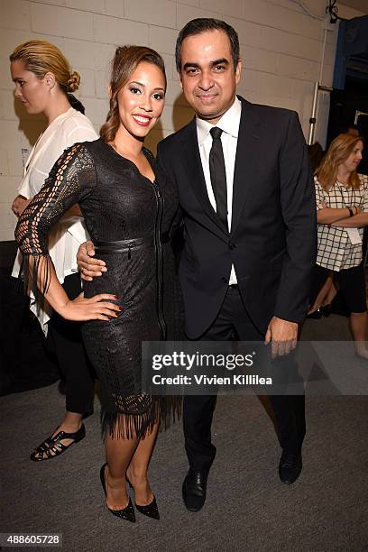 Megan Morgan Morgan and designer Bibhu Mohapatra pose backstage at his Spring 2016 show during New York Fashion Week: The Shows at The Gallery,...