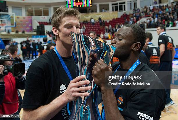 Justin Doellman, #7 of Valencia Basket and Romain Sato, #10 celebrates after win the Eurocup Basketball Finals Game 2 between Unics Kazan v Valencia...