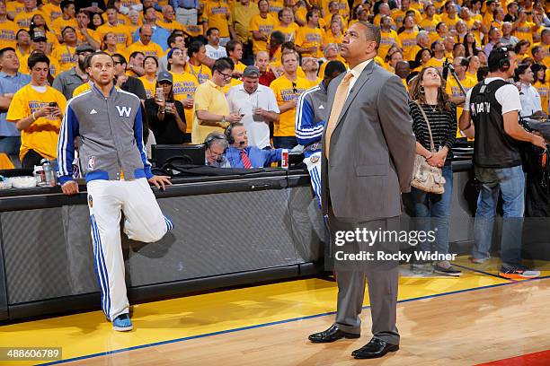 Head Coach Mark Jackson and Stephen Curry of the Golden State Warriors in a game against the Los Angeles Clippers in Game Six of the Western...