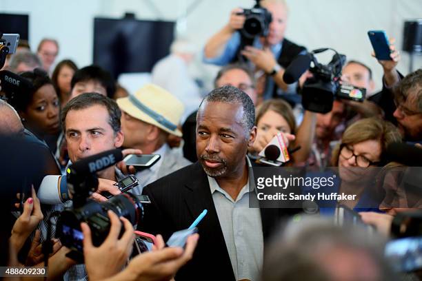 Republican candidate for U.S. President Ben Carson speaks to reporters before the start of the Republican Presidential Debates at the Reagan Library...