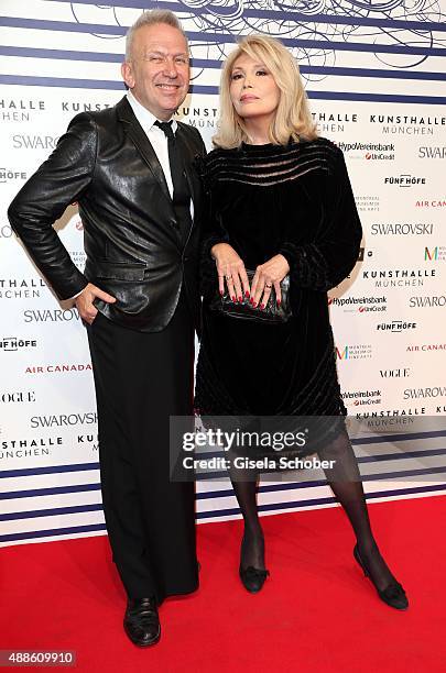 Jean Paul Gaultier and Amanda Lear during the opening of the exhibition Jean Paul Gaultier 'From The Sidewalk To The Catwalk' at Kunsthalle on...