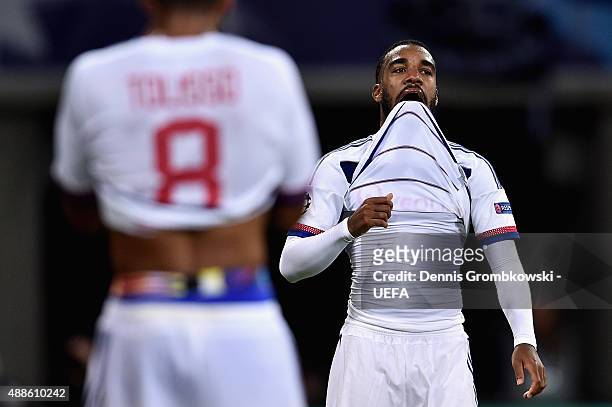 Alexandre Lacazette of Olympique Lyonnais despairs as he misses a penalty during the UEFA Champions League Group H match between KAA Gent and...