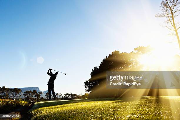 silhouette as young golfer swings on beautiful, sunlit course - golfbaan stockfoto's en -beelden