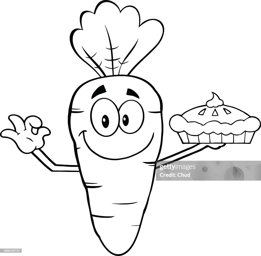 Black and white carrot holding a pie