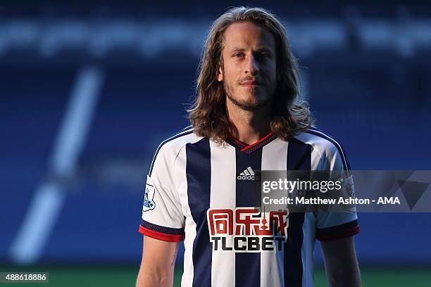 Jonas Olsson of West Bromwich Albion during the West Bromwich Albion photocall at West Bromwich Albion Training Ground on September 15, 2015 in...