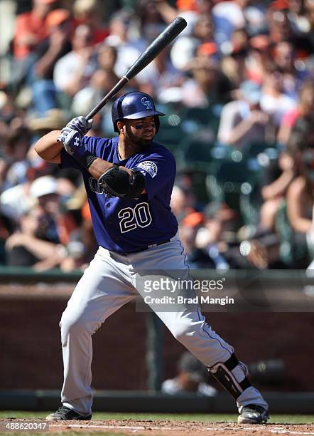 Wilin Rosario of the Colorado Rockies bats during the game against the San Francisco Giants at AT&T Park on Saturday, April 12, 2014 in San...