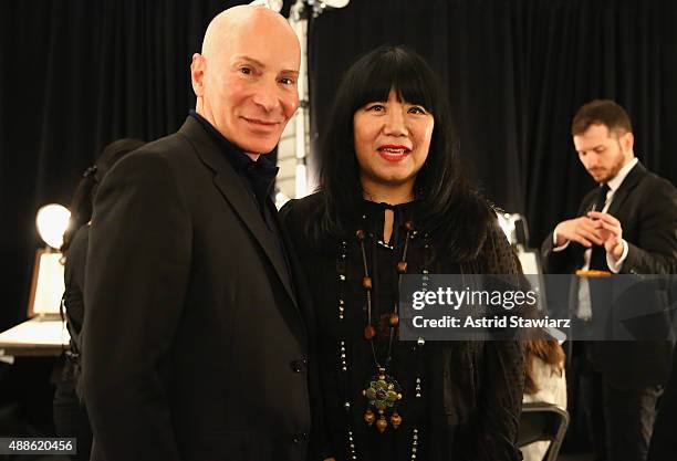 Hair stylist Garrin poses with designer Anna Sui backstage at Anna Su Spring 2016 during New York Fashion Week: The Shows at The Arc, Skylight at...