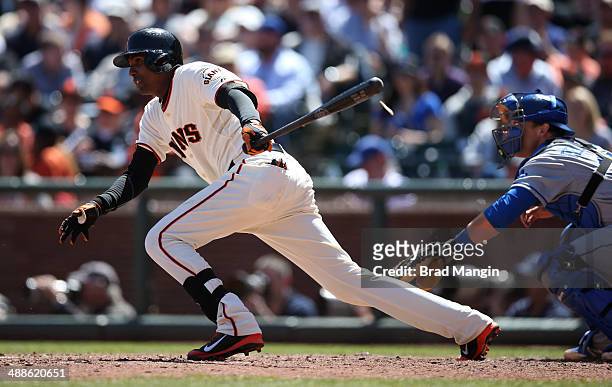 Joaquin Arias of the San Francisco Giants bats during the game against the Los Angeles Dodgers at AT&T Park on Thursday, April 17, 2014 in San...
