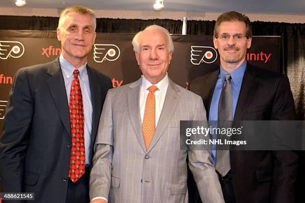 Paul Holmgren, team chairman Ed Snider and Ron Hextall pose after a press conference. The Philadelphia Flyers announced the promotion of Paul...