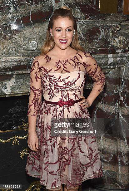 Actress Alyssa Milano attends the Marchesa fashion show during Spring 2016 New York Fashion Week at St. Regis Hotel on September 16, 2015 in New York...