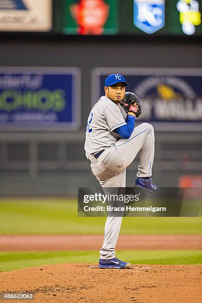 Bruce Chen of the Kansas City Royals pitches against the Minnesota Twins on April 11, 2014 at Target Field in Minneapolis, Minnesota. The Twins...