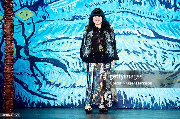 Designer Anna Sui walks the runway during the Anna Sui Spring 2016 during New York Fashion Week: The Shows at The Arc, Skylight at Moynihan Station...