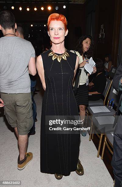Costume designer Sandy Powell attends the Marchesa fashion show during Spring 2016 New York Fashion Week at St. Regis Hotel on September 16, 2015 in...
