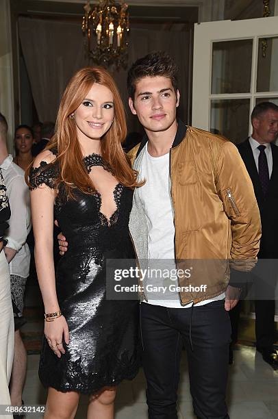 Bella Thorne and Gregg Sulkin attend the Marchesa fashion show during Spring 2016 New York Fashion Week at St. Regis Hotel on September 16, 2015 in...