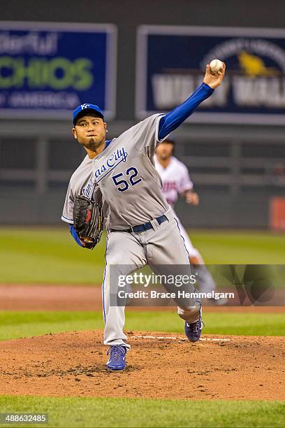 Bruce Chen of the Kansas City Royals pitches against the Minnesota Twins on April 11, 2014 at Target Field in Minneapolis, Minnesota. The Twins...