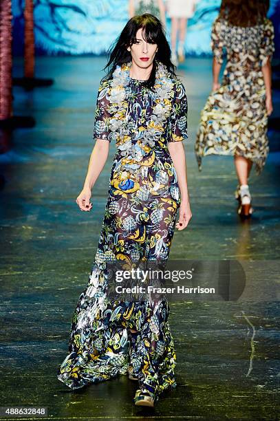 Model Jamie Bochert walks the runway wearing Anna Sui Spring 2016 during New York Fashion Week: The Shows at The Arc, Skylight at Moynihan Station on...