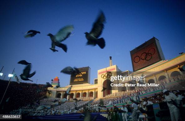 Scenic view of ceremony as doves fly by at Los Angeles Memorial... News