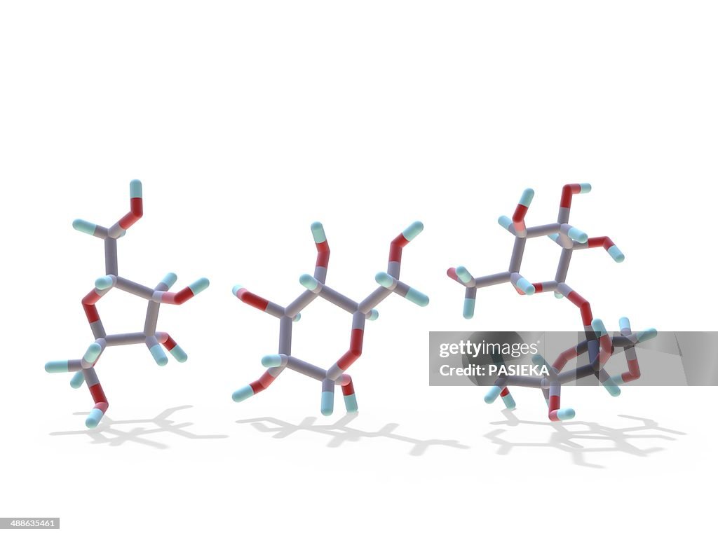 Fructose, glucose and sucrose molecules