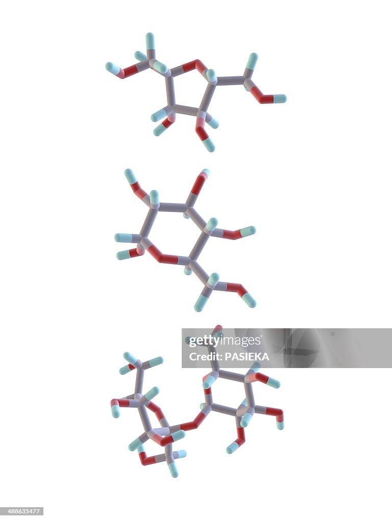 Fructose, glucose and sucrose molecules