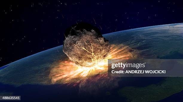 asteroid hitting earth, artwork - armageddon stock illustrations