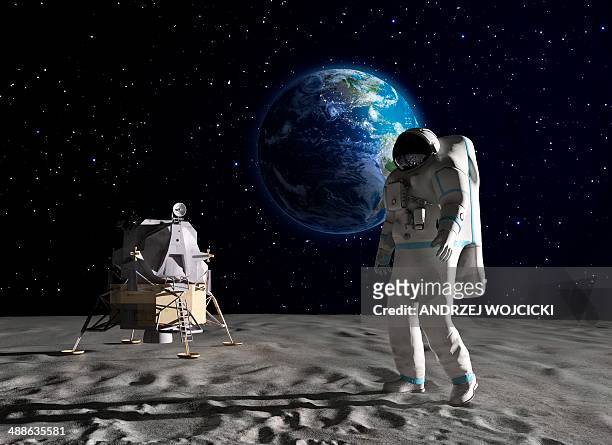ilustrações, clipart, desenhos animados e ícones de astronaut on the moon, artwork - andando na lua