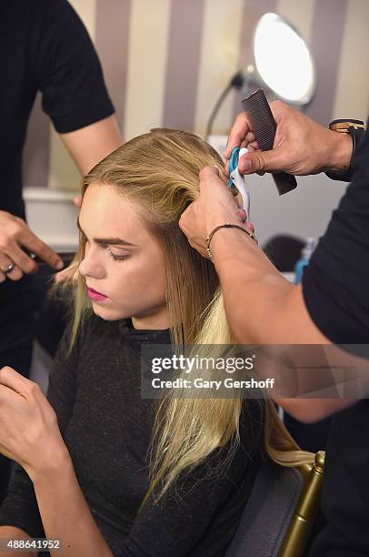 Model prepares backstage prior to the Marchesa fashion show during Spring 2016 New York Fashion Week at St. Regis Hotel on September 16, 2015 in New...