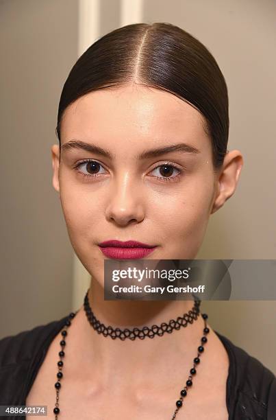 Model poses backstage prior to the Marchesa fashion show during Spring 2016 New York Fashion Week at St. Regis Hotel on September 16, 2015 in New...