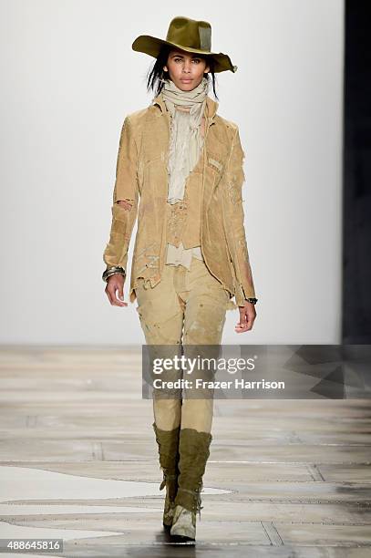 Model walks the runway wearing Greg Lauren Spring 2016 during New York Fashion Week: The Shows at The Dock, Skylight at Moynihan Station on September...