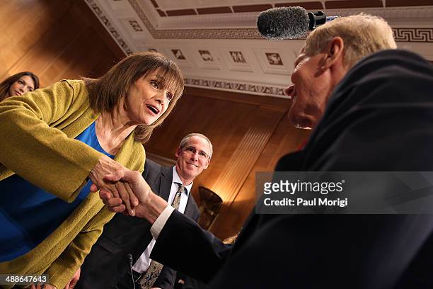 Actress and cancer survivor Valerie Harper greets Sen. Bill Nelson at the The Fight Against Cancer: Challenges, Progress, and Promise Senate Hearing...