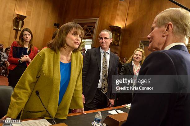 Valerie Harper and Bill Nelson speak during the The Fight Against Cancer: Challenges, Progress, and Promise Senate Hearing at Dirksen Senate Office...