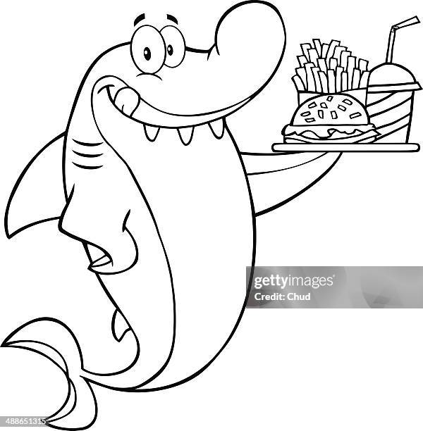 ilustraciones, imágenes clip art, dibujos animados e iconos de stock de black and white shark holding a plate of fast food - potato smiley faces