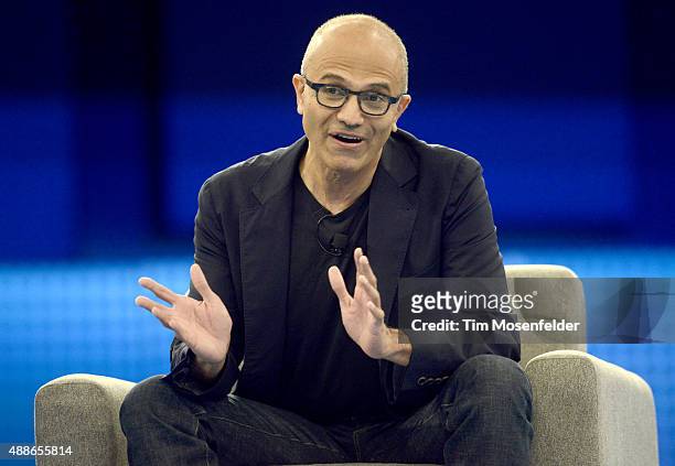 Satya Nadella CEO of Microsoft speaks at the Salesforce keynote during Dreamforce 2015 at Moscone Center on September 16, 2015 in San Francisco,...