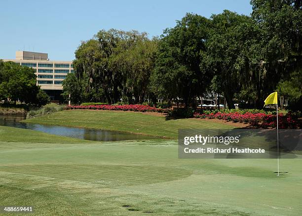 View of the repaired 14th green during a practice round ahead of THE PLAYERS Championship on The Stadium Course at TPC Sawgrass on May 7, 2014 in...