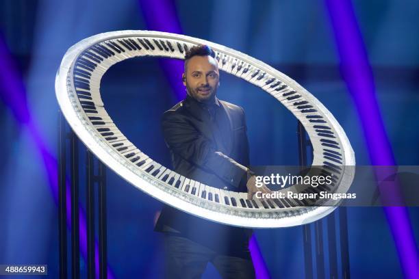 Ovi of Paula Seling & Ovi from Romania performs at a dress rehearsal the day before the second semi final of the Eurovision Song Contest on May 7,...