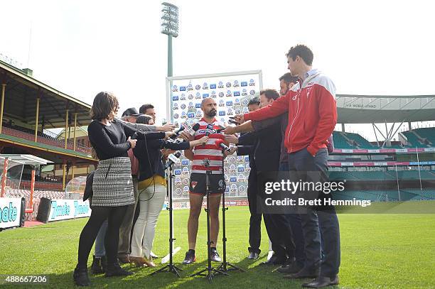 Rhyce Shaw of the Swans speaks to the media during a Sydney Swans AFL training session at Sydney Cricket Ground on September 17, 2015 in Sydney,...